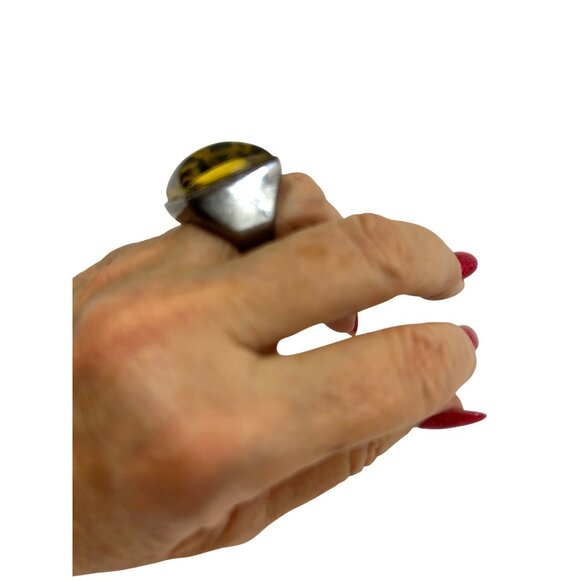 Women’s Vintage Fashion Ring Yellow Cheetah 5 Square Lucite Chunky Statement - Picture 10 of 16